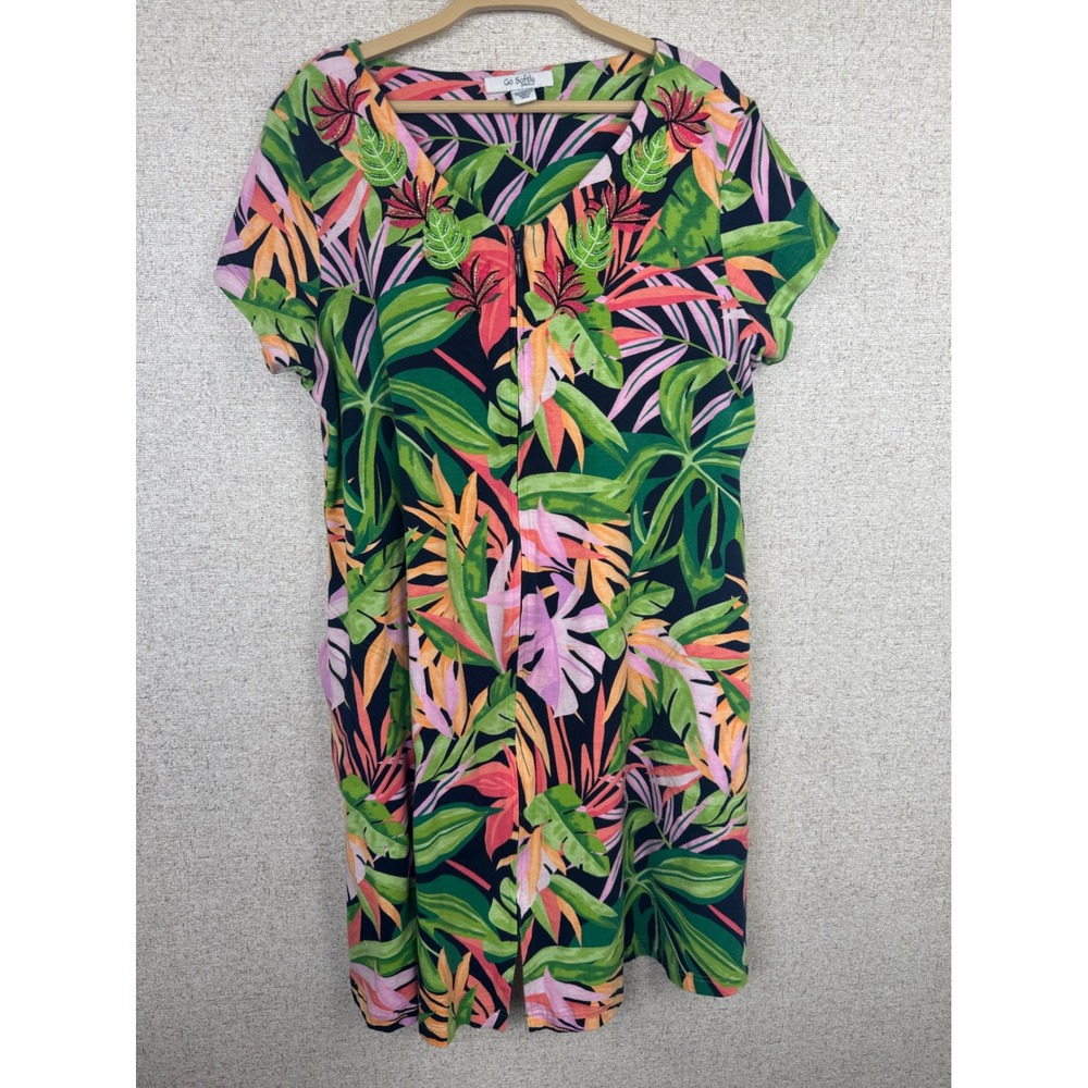 Go Softly Patio Dress Green Tropical Beaded Embroidered Zip Front Pockets M